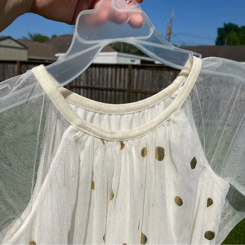 Cat & Jack cream with gold polka dots sheer sleeve dress VGUC size XS 4/5